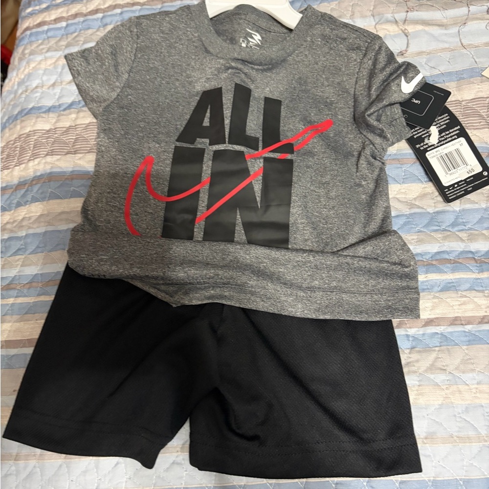 Nike Grey Tee with Red Swoosh & Black Shorts Set